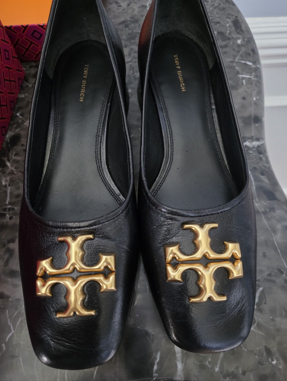 Tory Burch Black Leather Heels with Gold Logo Accent  Like New - Picture 4 of 4